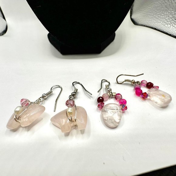 16" Pink Quartz Geode Gemstone Beaded Necklace and Earrings - Picture 13 of 17